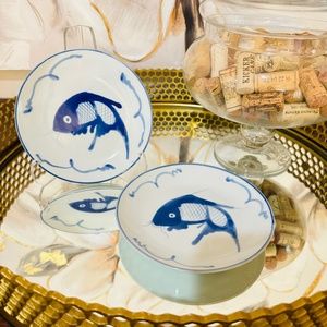Late 20th Century Chinoiserie Blue White Koi Carp Fish Salad Plate Set of 2